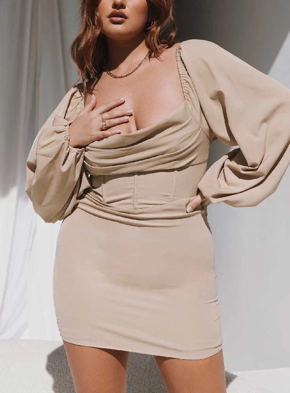 Corset dresses for formal events with convertible sleeves -Lillie Long Sleeve Mini Dress Beige