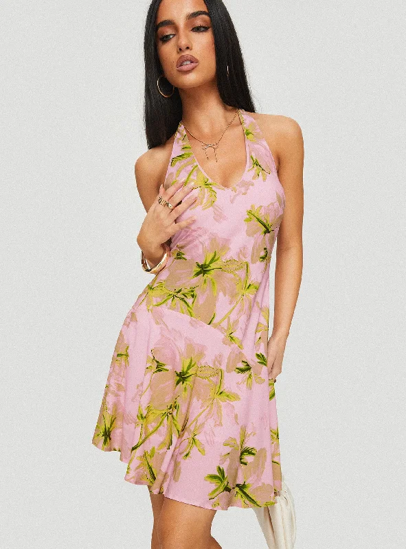 Prom dresses with vintage-inspired accessories -Alcedo Halter Mini Dress Pink / Green Prom dresses with vintage-inspired accessories -Alcedo Halter Mini Dress Pink / Green