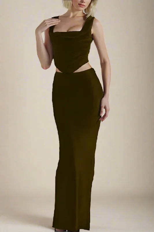 Sabrina Wrap Top and Maxi Skirt Outfit Set - Chocolate Brown