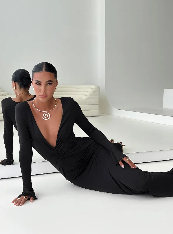 Prom dresses for special occasions with custom designs and embroidery for uniqueness and exclusivity -Lezure Plunge Long Sleeve Maxi Dress Black Prom dresses for special occasions with custom designs and embroidery for uniqueness and exclusivity -Lezure Plunge Long Sleeve Maxi Dress Black