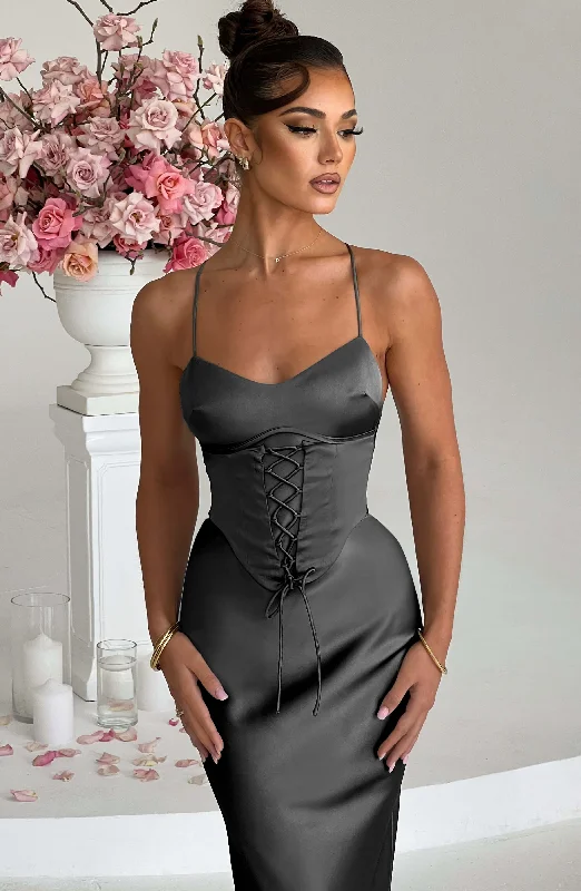 Party dresses for formal events with bright colors and metallic accents for a modern and trendy style -Lillia Maxi Dress - Charcoal Party dresses for formal events with bright colors and metallic accents for a modern and trendy style -Lillia Maxi Dress - Charcoal