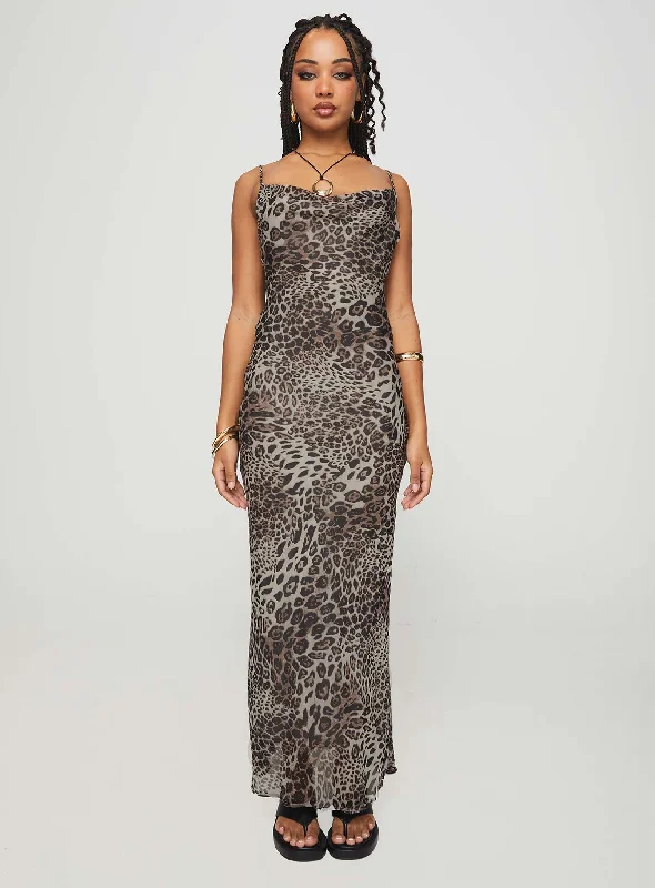 Party dresses for formal events with convertible sleeves and necklines -Declynn Bias Cut Maxi Dress Leopard Party dresses for formal events with convertible sleeves and necklines -Declynn Bias Cut Maxi Dress Leopard