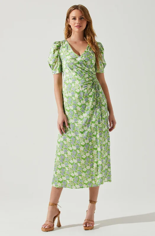 Wedding guest shoes that transition from ceremony to dance- -Martina Floral Ruched Midi Dress Wedding guest shoes that transition from ceremony to dance- -Martina Floral Ruched Midi Dress
