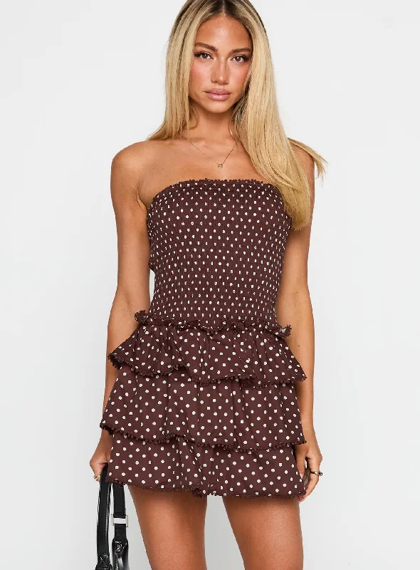 Prom dresses with eco-friendly packaging -Sunkiss Frill Mini Dress Brown Polka