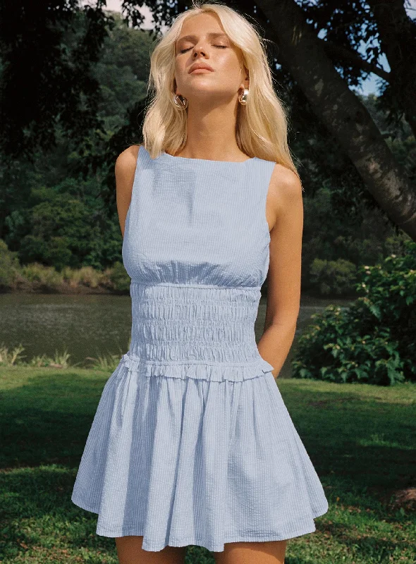 UPF-protected graduation dresses for sunny outdoor events- -Yennifer Shirred Mini Dress Blue / White UPF-protected graduation dresses for sunny outdoor events- -Yennifer Shirred Mini Dress Blue / White