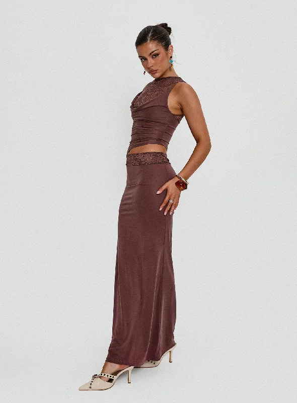 Formal gowns with metallic colors and sequins for formal parties -Vesperine Lace Maxi Dress Cocoa Brown