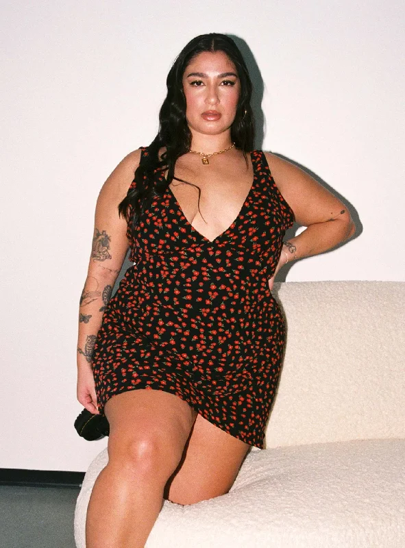 Party dresses with metallic colors and sequins for formal parties and special occasions to dazzle and impress -Nellie Mini Dress Black / Red Floral Curve