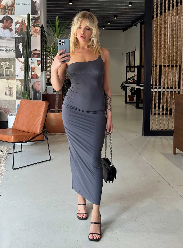 Corset dresses with unique accessories and embellishments for special occasions and events to stand out and shine -Deliza One Shoulder Maxi Dress Grey