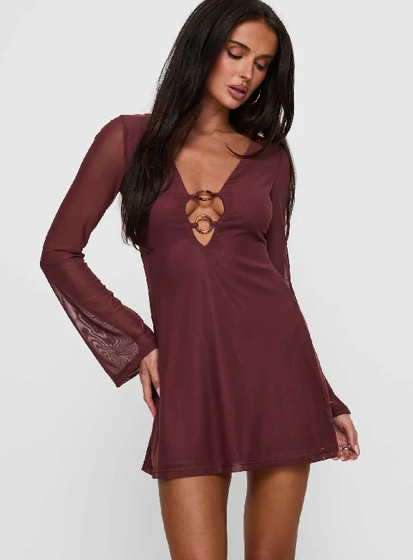 Party dresses with unique cultural influences and traditional styles for cultural identity and heritage -Artique Long Sleeve Mini Dress Brown Party dresses with unique cultural influences and traditional styles for cultural identity and heritage -Artique Long Sleeve Mini Dress Brown