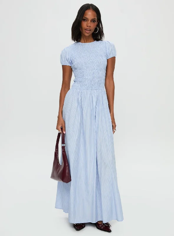 Flowy dresses for a casual yet fashionable vacation look - -Flowy dresses for formal events with convertible sleeves and necklines for flexibility and style versatility -Wendelin Shirred Maxi Dress Blue Stripe Flowy dresses for a casual yet fashionable vacation look - -Flowy dresses for formal events with convertible sleeves and necklines for flexibility and style versatility -Wendelin Shirred Maxi Dress Blue Stripe