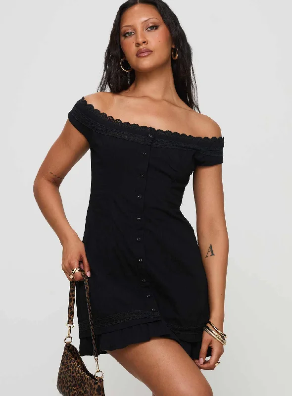 Prom dresses for women with disabilities with accessible and adaptive designs -Mirrorball Off The Shoulder Mini Dress Black