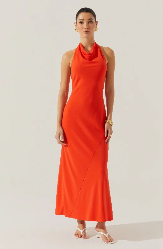 How to choose a wedding guest outfit by season- -Dalisay Cowl Neck Halter Dress