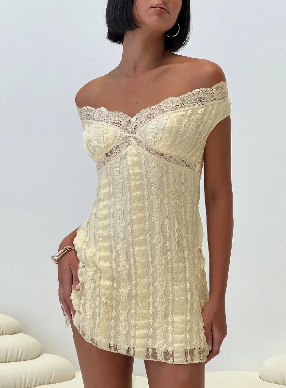 Party dresses with smart health monitoring features and wellness focus for health-conscious individuals -Bonnin Off The Shoulder Lace Mini Dress Yellow