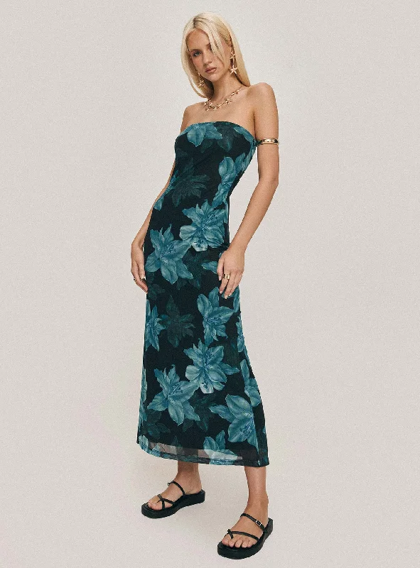 Birthday dresses for formal events with bright colors and metallic accents -Celik Maxi Dress Black / Blue Floral Birthday dresses for formal events with bright colors and metallic accents -Celik Maxi Dress Black / Blue Floral