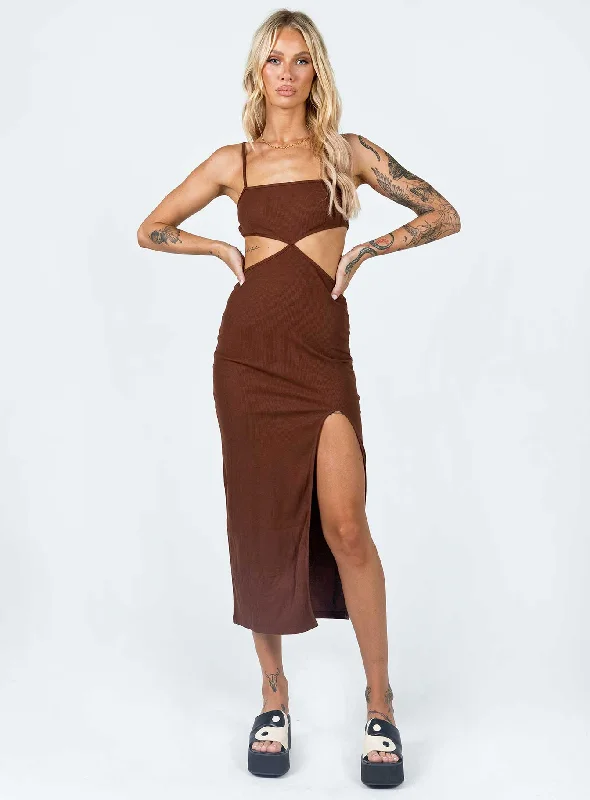 Corset dresses with satin and metallic accents -Elliot Midi Dress Brown