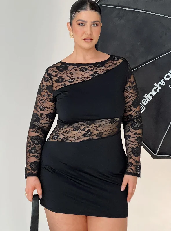 Party dresses with metallic accents and glitter for parties and celebrations to shine and impress -Covington Long Sleeve Mini Dress Black Curve Party dresses with metallic accents and glitter for parties and celebrations to shine and impress -Covington Long Sleeve Mini Dress Black Curve