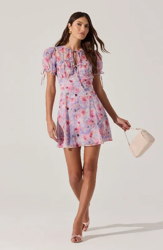 Bridesmaid dress jewelry pairing ideas- -Floral Puff Sleeve Mini Dress
