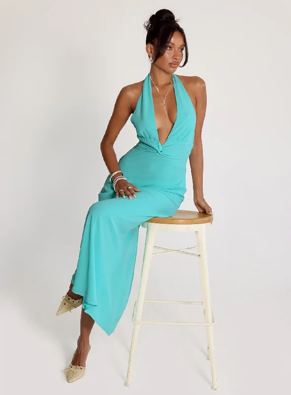 Prom dresses for autumn with warm, earthy tones -Destina Plunge Maxi Dress Aqua