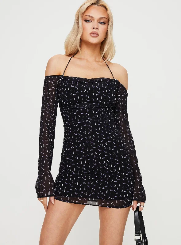 Party dresses for formal events with elegant silhouettes and vintage-inspired styles for a timeless and refined look -Tisha Off The Shoulder Mini Dress Black Floral