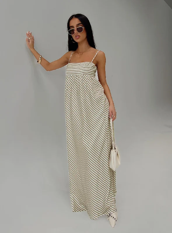 Party dresses with eco-friendly materials and sustainable production for environmental awareness -Pansotti Maxi Dress Beige / White Stripe