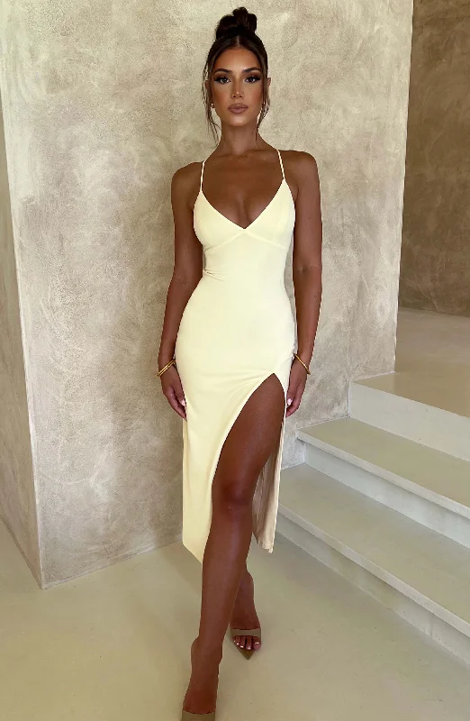 Party dresses with metallic accents and glitter for parties and celebrations to shine and impress -Kiana Midi Dress - Lemon Party dresses with metallic accents and glitter for parties and celebrations to shine and impress -Kiana Midi Dress - Lemon