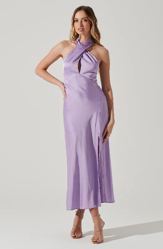 How to dress as a pregnant wedding guest comfortably- -Marissa Satin Halter Neck Midi Dress