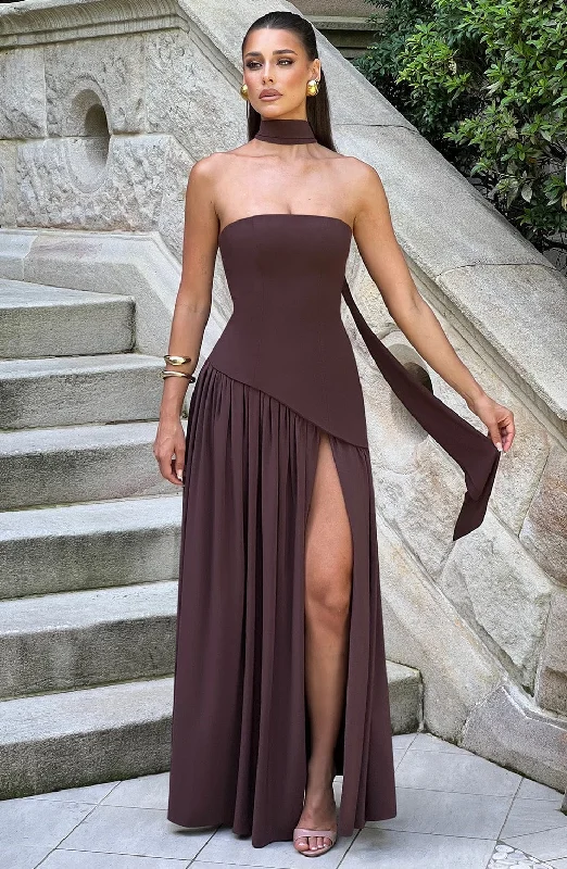 Stylish flowy dresses for a cozy winter getaway - -Flowy dresses with convertible necklines and sleeves -Maliyah Maxi Dress - Plum Brown