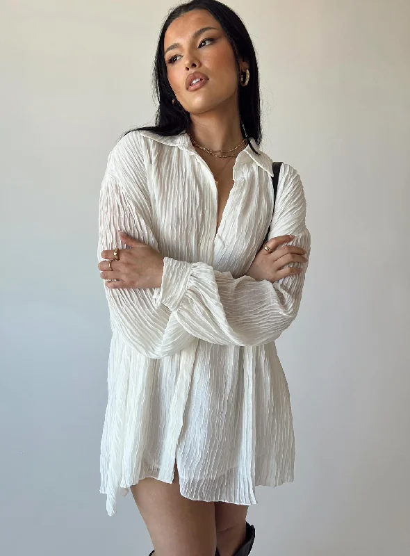 Party dresses with metallic colors and sequins for formal parties and special occasions to dazzle and impress -Tune In Shirt Dress White