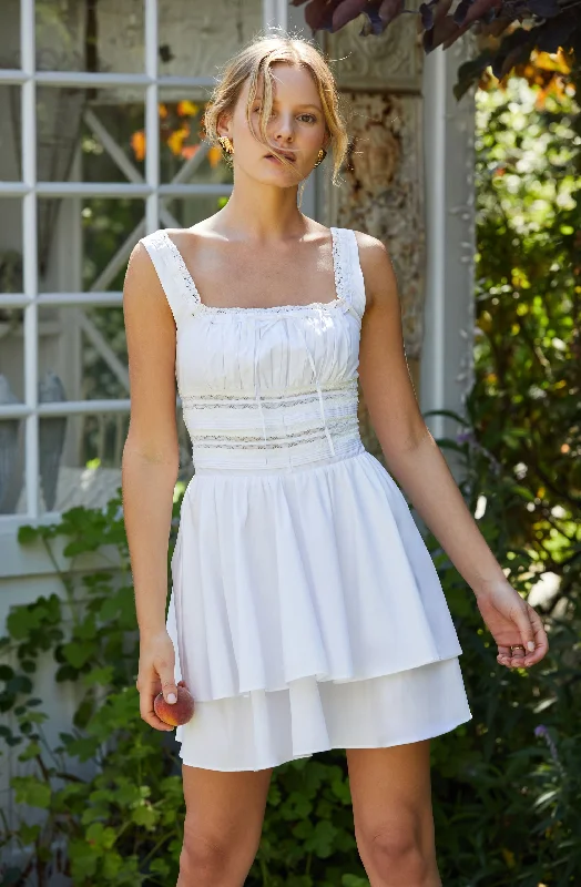 Convertible graduation dresses that transform into separates- -Melaine Lace Trim Mini Dress