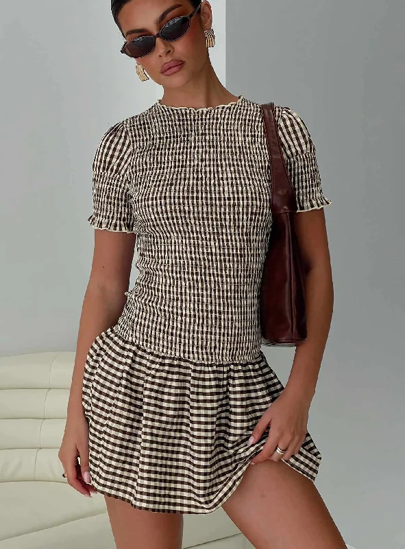 Party dresses with personalized messages -Laurita Shirred Mini Dress Brown Check