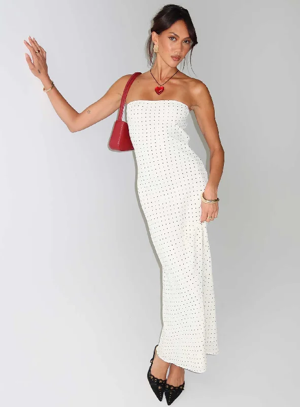 Formal birthday dresses with luxurious fabrics and sophisticated designs for formal events and galas -Just For Fun Strapless Maxi Dress White Polka Dot Formal birthday dresses with luxurious fabrics and sophisticated designs for formal events and galas -Just For Fun Strapless Maxi Dress White Polka Dot