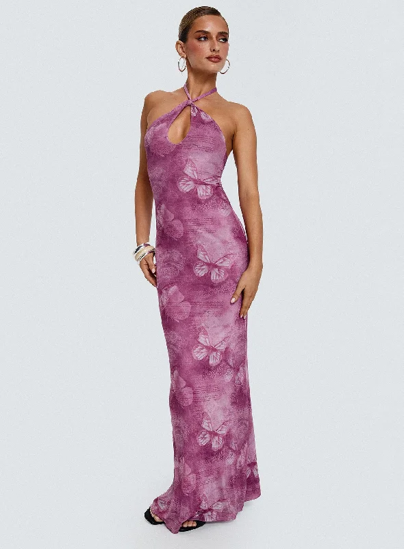 Prom dresses with vintage-inspired accessories and jewelry for a nostalgic look -Nathaleia Halter Maxi Dress Purple Prom dresses with vintage-inspired accessories and jewelry for a nostalgic look -Nathaleia Halter Maxi Dress Purple