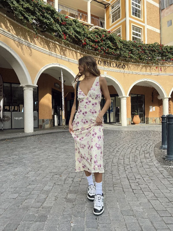 Wedding guest dresses with illusion necklines- -Nellie Midi Dress Yellow Floral