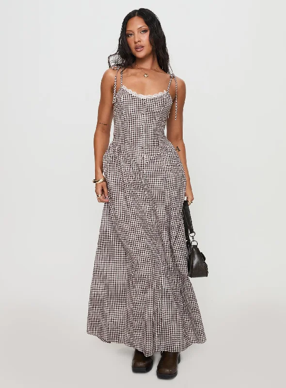 Birthday dresses with metallic colors and sequins for formal parties and special occasions to dazzle and impress -Dalanie Tie Strap Maxi Dress Brown Gingham Birthday dresses with metallic colors and sequins for formal parties and special occasions to dazzle and impress -Dalanie Tie Strap Maxi Dress Brown Gingham