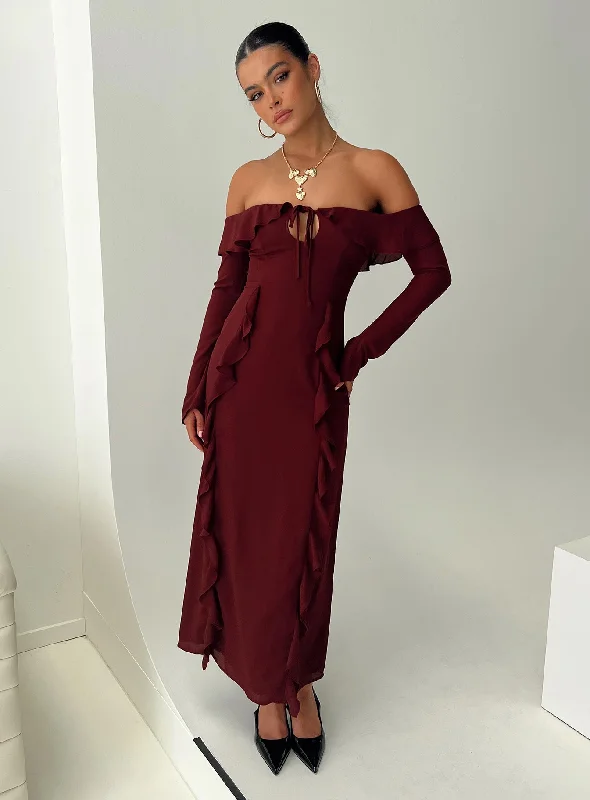 Birthday dresses with eco-friendly packaging -Molins Off The Shoulder Maxi Dress Burgundy Birthday dresses with eco-friendly packaging -Molins Off The Shoulder Maxi Dress Burgundy