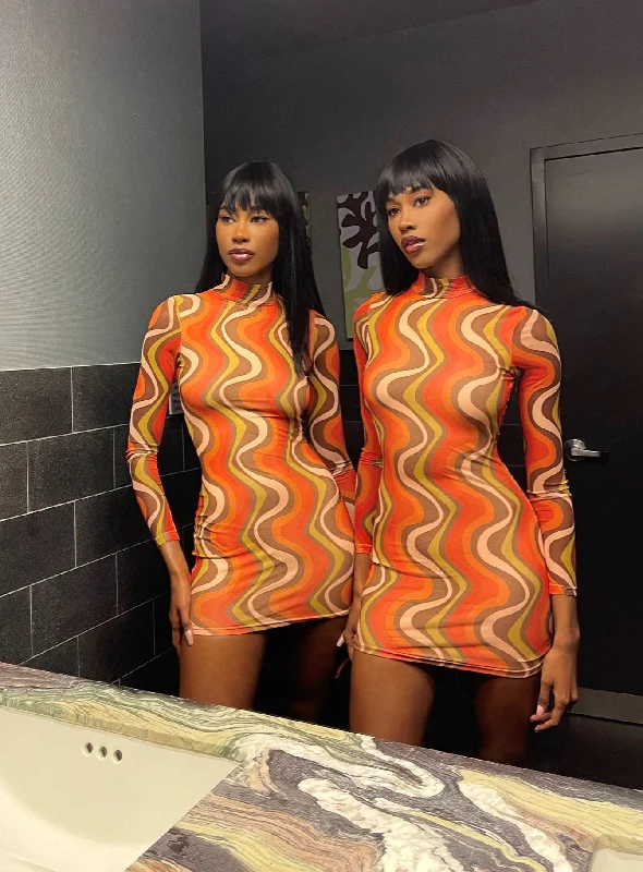 Victorian corset dresses for formal events -Orion Long Sleeve Mini Dress Orange Multi Victorian corset dresses for formal events -Orion Long Sleeve Mini Dress Orange Multi