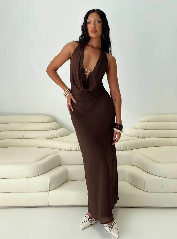 Wedding guest shoes for uneven terrain venues- -Alejandria Cowl Neck Maxi Dress Chocolate