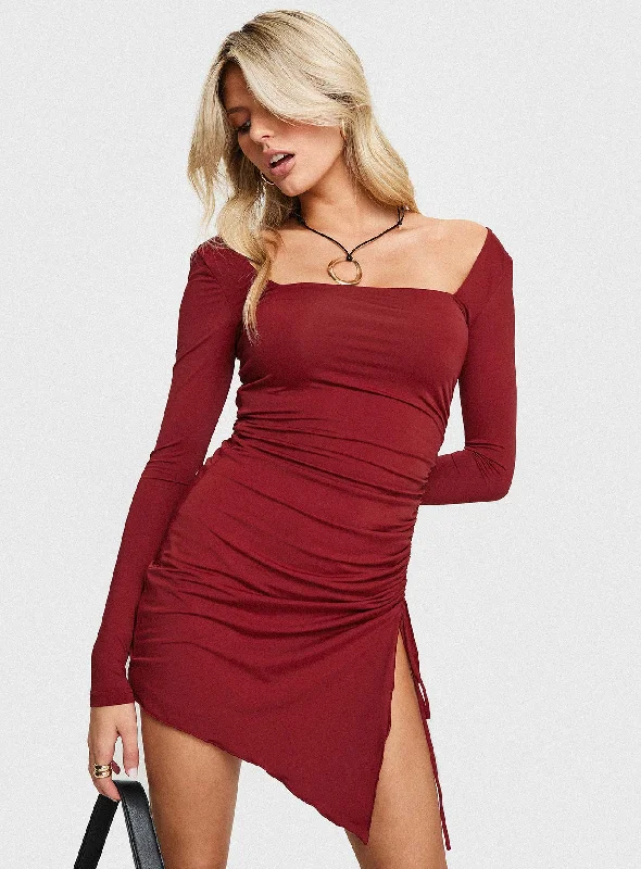 Corset dresses with unique cultural influences and traditional styles for cultural identity and heritage -Caprani Long Sleeve Mini Dress Burgundy Corset dresses with unique cultural influences and traditional styles for cultural identity and heritage -Caprani Long Sleeve Mini Dress Burgundy