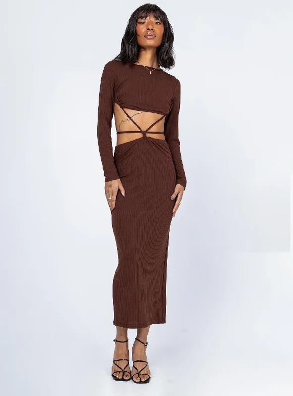 Gothic corset dresses with dark colors -Kari Midi Dress Brown