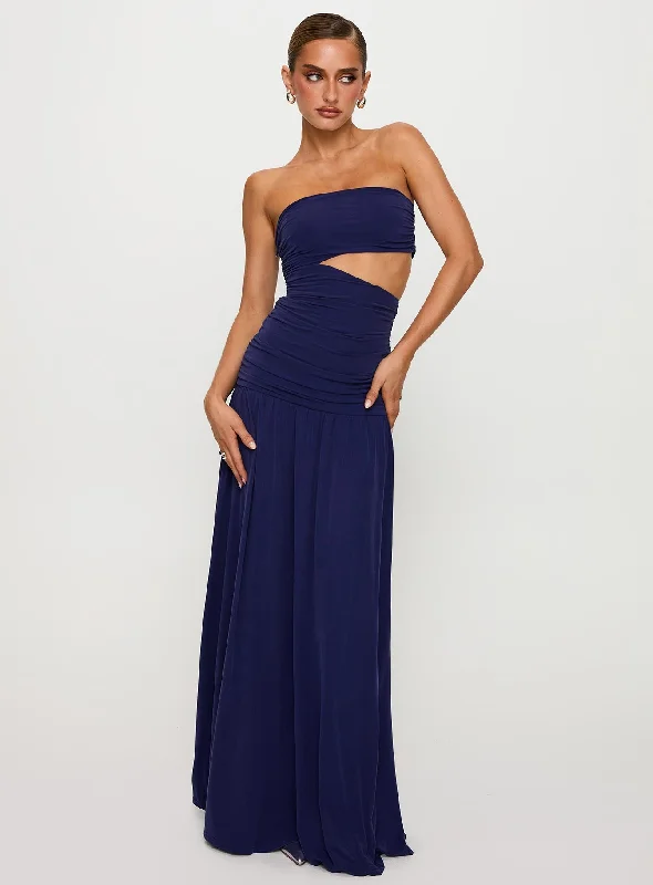 Red prom dresses for bold fashion -Grandeur Strapless Maxi Dress Navy