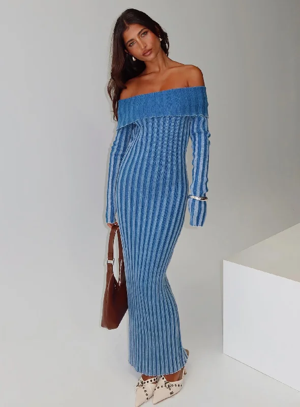 Party dresses with metallic colors and sequins for formal parties and special occasions to dazzle -Mariska Long Sleeve Rib Maxi Dress Blue