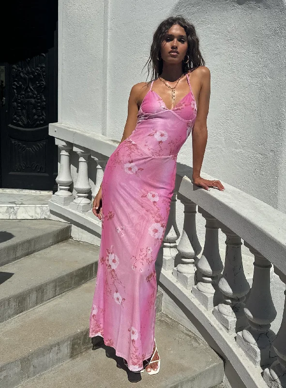 Wedding guest dresses with hidden pockets- -Beverlie Halter Maxi Dress Pink Floral