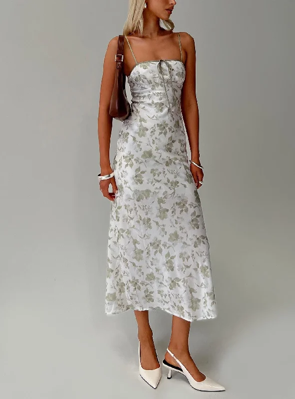 Formal gowns for formal galas with metallic colors -Vasiliki Maxi Dress White / Green Floral Formal gowns for formal galas with metallic colors -Vasiliki Maxi Dress White / Green Floral