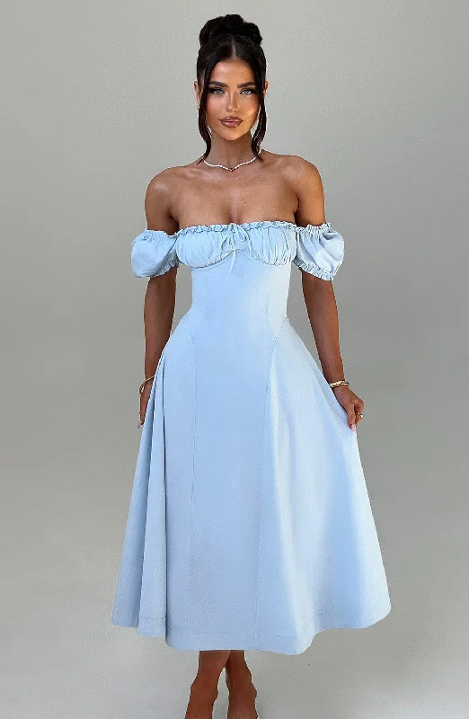 Flowy dresses with off-the-shoulder styles for a trendy look - -Flowy dresses with unique cultural influences and traditional styles for heritage -Elora Midi Dress - Blue Flowy dresses with off-the-shoulder styles for a trendy look - -Flowy dresses with unique cultural influences and traditional styles for heritage -Elora Midi Dress - Blue