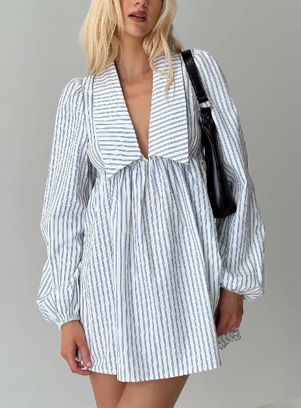 Birthday dresses for special occasions with custom designs and embroidery -Ronelle Collared Long Sleeve Mini Dress Blue Stripe Birthday dresses for special occasions with custom designs and embroidery -Ronelle Collared Long Sleeve Mini Dress Blue Stripe