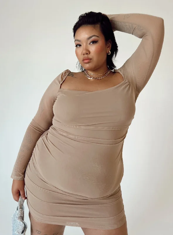 Corset dresses for summer with breathable and cooling fabrics for comfort and relaxation -Charvi Long Sleeve Mini Dress Tan Curve Corset dresses for summer with breathable and cooling fabrics for comfort and relaxation -Charvi Long Sleeve Mini Dress Tan Curve