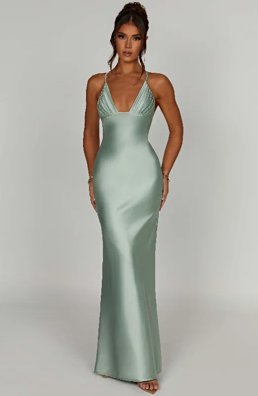 Party dresses for special occasions with custom designs and embroidery for exclusivity and uniqueness -Miriam Maxi Dress - Sage Party dresses for special occasions with custom designs and embroidery for exclusivity and uniqueness -Miriam Maxi Dress - Sage