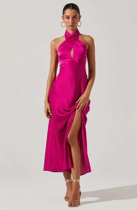 Matching accessories for mother-of-the-groom guests- -Marissa Satin Halter Neck Midi Dress