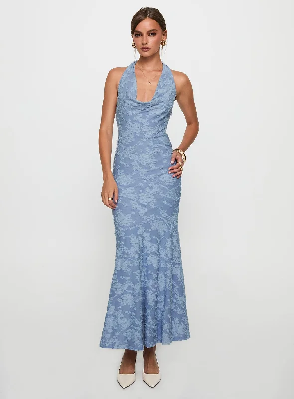 Wedding guest shoes with wide toe boxes- -Aymie Halter Maxi Dress Blue