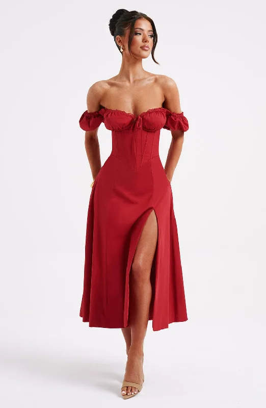 Formal gowns with sophisticated designs and luxurious fabrics for formal galas and high-end events -Courtney Midi Dress - Red Formal gowns with sophisticated designs and luxurious fabrics for formal galas and high-end events -Courtney Midi Dress - Red
